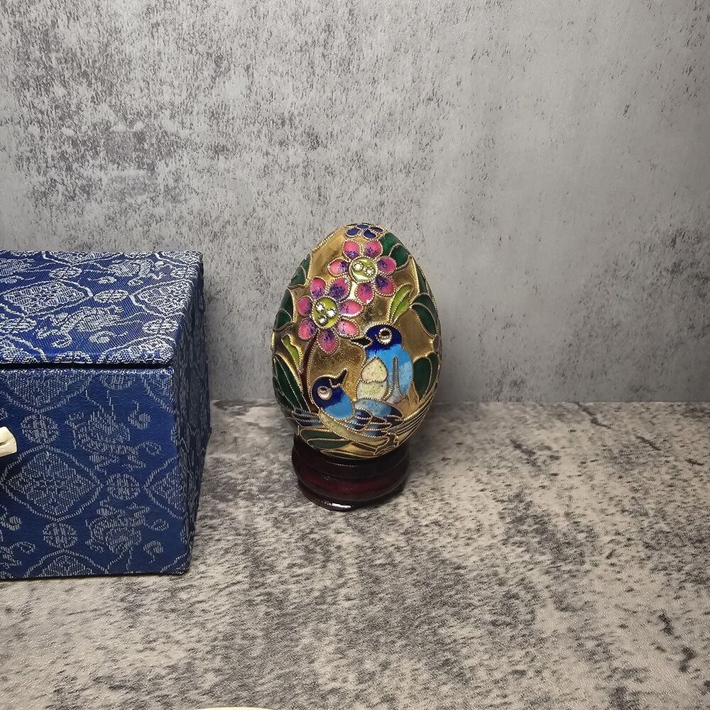 Cloisonne Birds Flowers Art Egg (Golden Treasure's Collection) with Stand Box